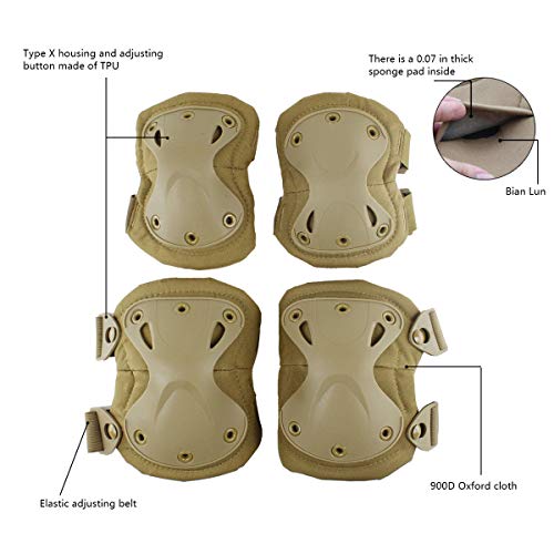 Combat Knee & Elbow Protective Pads Set for Outdoor CS Paintball Game Cycling Safety Skateboarding Gear Skates Knee Protection Guard Pads - color: Tan