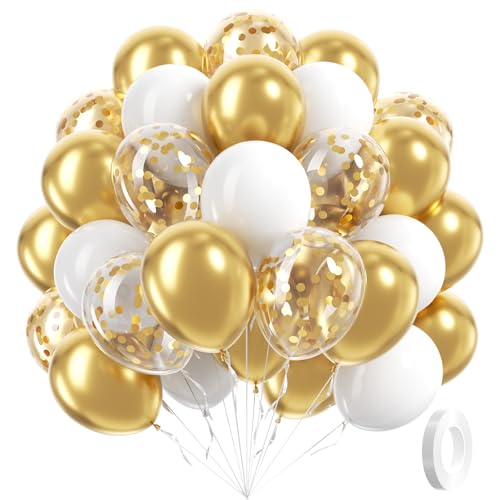 60pcs Gold and White Balloons 12inch, White and Gold Balloons with Metallic Gold Confetti Balloons for Graduation Wedding Engagement Birthday Party Decorations - color: White Gold