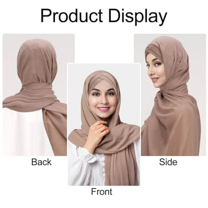 XEPST Instant Hijab for Women, Islamic Muslim Chiffon Hijab with Matching Cross Hijab Undercap Soft Instant Hijab Ready to Wear Solid Color Headscarf Turban Wrap Hijab Scarf for Women, Khaki