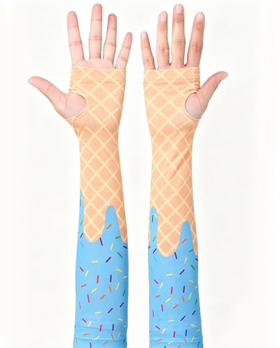 Aueyan Arm Sleeves for Men Women,Cooling Sleeves with Thumb Holes,Funny Sun Protection Arms Cover with Print Pattern - color: Ice Cream Blue