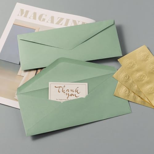 50 Pack Sage Green #10 Business Envelopes with Stickers, 4.13 x 9.49 Inches | Standard Envelopes V Flap, For Office, Business Letter, Letter Mailing - color: Sage Green
