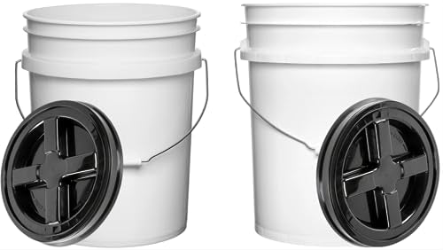 Food Grade 5 Gallon Made in USA Plastic Bucket with Screw on Lid (White Buckets with Black Lids) - color: White Buckets With Black Lids