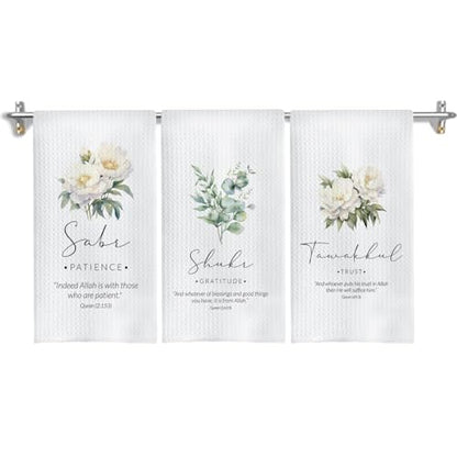 Islamic Botanical Kitchen Towels, Islamic Muslim Gifts for Women Dish Tea Towels for Kitchen Decor, Religious Floral Botanical Hand Towel for Bathroom Decor, 16x24 Inches Set of 3