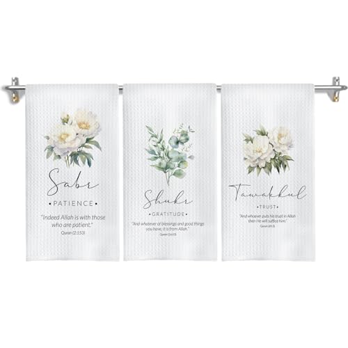 Islamic Botanical Kitchen Towels, Islamic Muslim Gifts for Women Dish Tea Towels for Kitchen Decor, Religious Floral Botanical Hand Towel for Bathroom Decor, 16x24 Inches Set of 3