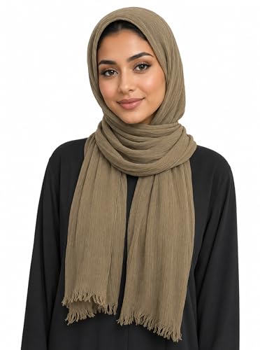 Cotton Linen Plain Hijab Scarf For Women,Muslim Viscose Crinkle Edge With Fringe,Summer Beach Wrap Headwraps Shawl - color: 43#armygreen