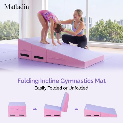 Folding Gymnastics Cheese Wedge Incline Mat, Gym Fitness Tumbling Skill Shape Mat for Kids Girls Home Training Exercise - color: Light Pink + Light Purple