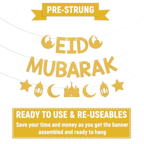 Eid Mubarak Banner - Ramadan Mubarak Decor, Happy Eid Sign, Islamic Festiva Party Decorations Gold Glitter