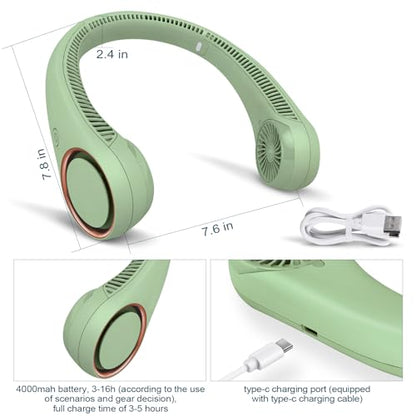 CIVPOWER Neck Fan: Portable Personal Neck Cooling Rechargeable Bladeless Fan - Hands Free 3 Speed 4000 mAh Battery USB Operated Wearable Headphone Design - Gift for Men Women Outdoor (Light Green) - color: Light Green