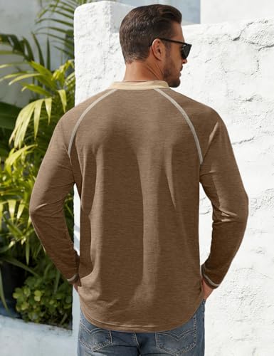 Men's Henry Long Sleeved T-Shirt Cotton Casual Button Lightweight Pullover Shirt Soft Stretch Tees Tops - color: Heather Camel, size: Large