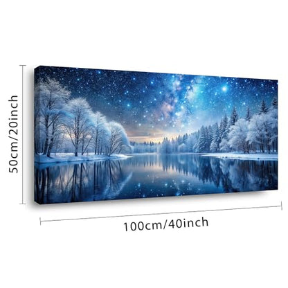 Palderwallart Beautiful Milky Way Landscape Wall Art for Living Room Office Nature Riverside Scenery Blue Starry Sky and White Tree Painting Prints Winter Scenic Canvas Artwork Dining (20x40 Inches) - color: Blue Starry Sky and White Tree Wall Art(Y866),