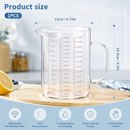 Glass Measuring Cup, 6Cup/1500ml/50oz Glass Liquid Measuring Cup With Handle and V-Shaped Spout High Borosilicate Glass-Measuring-Cup for Kitchen or Restaurant, Easy to Read