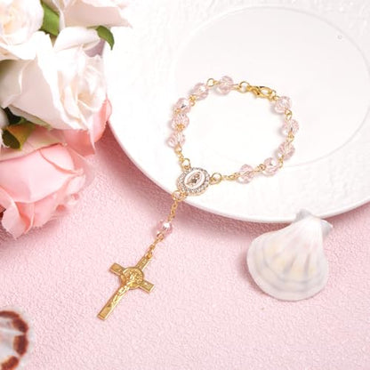 Car Rosary for Rearview Mirror, Pink Car Rosary Small with Cross Pendant Charm Ornament Purple Mini Religious Hanger Gift Catholic Hanging Wedding Women Accessories for Vehicle Rear View Mirror