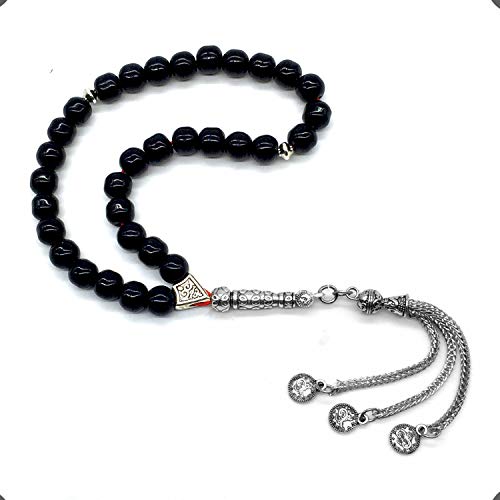 Shiny Black Glass Prayer Beads, Worry Beads, Tesbih, Tasbih, Tasbeeh, Misbaha, Masbaha, Subha, Sebha, Rosary (8 mm 33 Beads) - color: Shiny Black Glass Beads -8 mm 33 Beads-