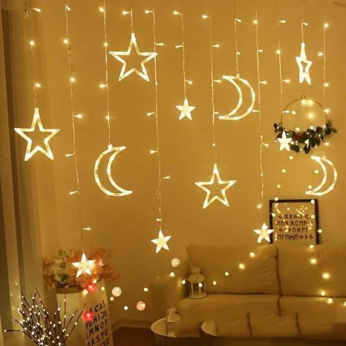 Star Moon Curtain String Lights,126 LED Ramadan Decorations Ramadan Curtain String Lights, 2 Lighting Modes, Waterproof Fairy Lights, Starry Lights for Christmas, Wedding, Party, Home, Patio Lawn
