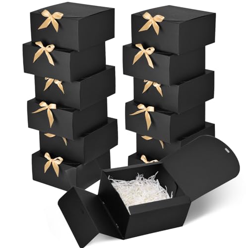 WLUSEAXI 12pack Gift Boxes with Lids,Black Gift Boxes Bulk with Gold Bow Ribbon,Bridesmaid Proposal Box for Presents Kraft Paper Boxes for Wedding,Christmas,Halloween,Baby Shower - color: Black