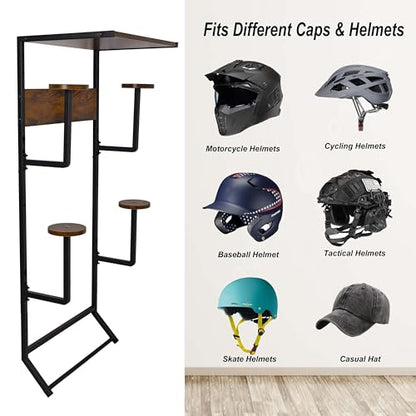 Motorcycle Helmet Holder Wall-Mounted Helmet Rack with 4 Glove Chips& Hooks - Rustic Bike Helmets Storage Organizer, Universal Wall Mount for Helmets, Gear, Clothes, Accessories，Retro