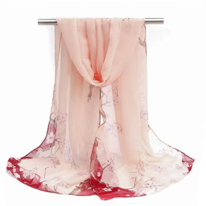 Xyueanlo Women's Chiffon Scarf Lightweight Scarves Fashion Elegant Floral Print Scarfs Shawls - color: Little Plum Blossom Red Pink
