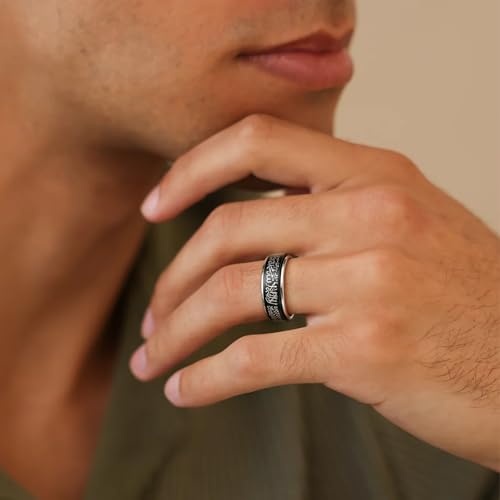 Hipunk Stainless Steel Islamic Muslim Shahada Ring - Mohammad Arabic Letter Rings Band Prayer Religious Calligraphy Ayatul Kursi Allah Rings Eid Ramadan for Men Women Size 9-12 - color: Rotatable-black