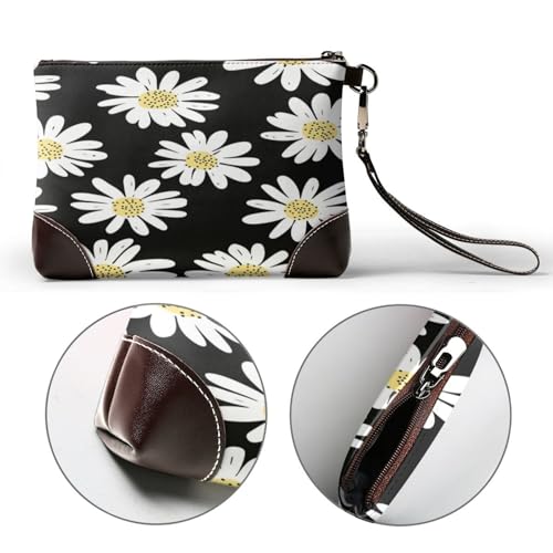 Leather Clutch Purse for Women, Large Capacity Wristlet Wallet with Removable Strap, Zip Handbag - color: Daisy Flowers
