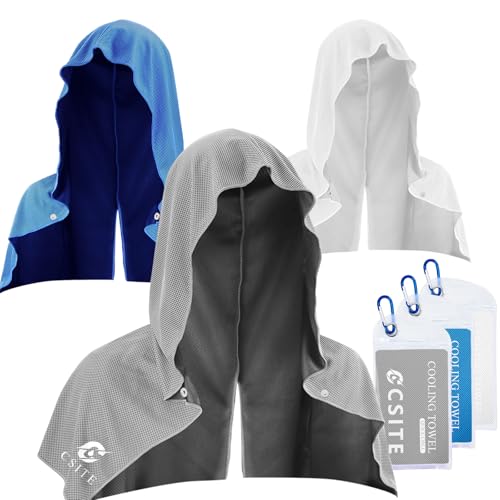 CSITE 3 Pack Cooling Hoodie Towels for Neck and Face, UPF 50 Sun Protection & Instant Cooling, Ice Towels for Hot Weather, Soft Breathable Towel for Sport, Work Out, Gym, Camping & More Activities - color: Gray/Light Blue/White