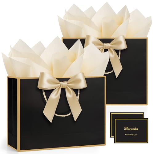 ANZNKU 2PCS Black Medium Gift Bags with Handles 4 Tissue Paper 2 Ribbons 2 Cards, Gift Wrap Bags Set for Women & Men Birthday Graduation Wedding Engagement Bridal & Baby Shower Presents Party Favors - color: Luxury Black