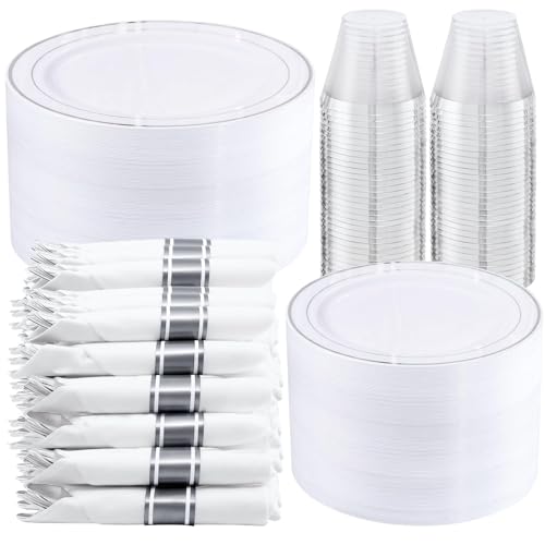 WELLIFE 350-Piece Silver Plastic Dinnerware Set - Disposable 10.25" Dinner Plates, 7.5" Dessert Plates, 9oz Silver Rim Cups & Cutlery for Weddings - 50 Guest Service - Elegant Disposable Silverware - color: Silver, style: 350PCS（50 Guests）