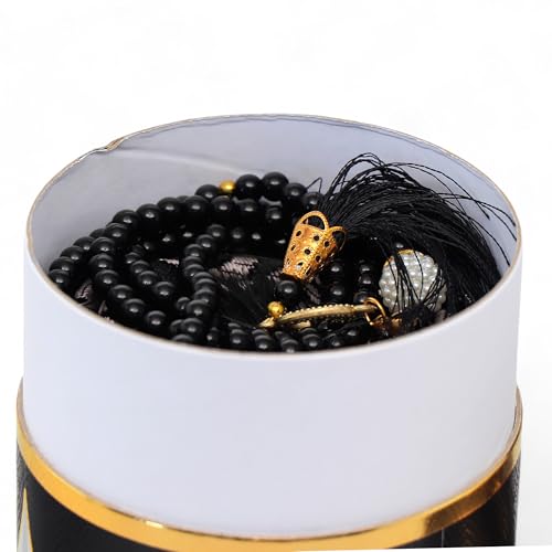FURKAN Muslim Prayer Rug & Beads Set with Stylish Cylinder Gift Box Janamaz Sajadah Prayer Mat Perfect Islamic Spiritual Gift for Ramadan Islamic, Cylinder Gift Box - Model 2 - Black - color: Black