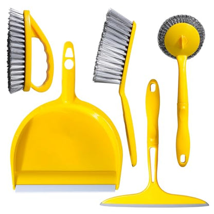 5-Piece Mini Desktop Cleaning Kit - Dust Pan Set with Wire Brush, Duster & Scouring Pad - Yellow Household Tools for Desk, Keyboard & Small Spaces