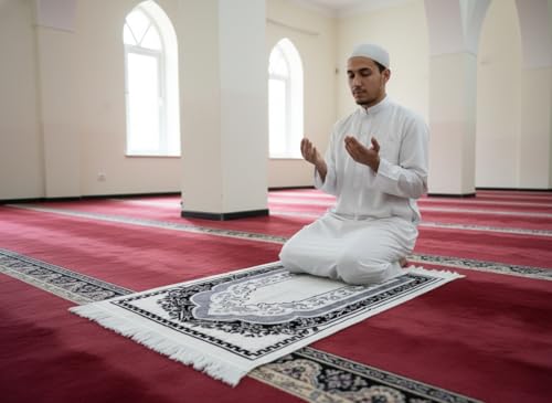Islamic Prayer Rug with Traditional Mihrab Design, Geometric Arch Pattern, Polyester Material, 27.6x43.3 Inches, Low Pile with Fringed Edges (Gray Geen) - color: Gray Geen