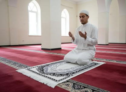 Islamic Prayer Rug with Traditional Mihrab Design, Geometric Arch Pattern, Polyester Material, 27.6x43.3 Inches, Low Pile with Fringed Edges (Gray Geen) - color: Gray Geen