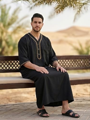 Mens Kaftan Thobe V-Neck Half Sleeve Muslim Robe Dubai Long Gown Saudi Arab Thobe Robes for Summer Beach - color: Black, size: Medium
