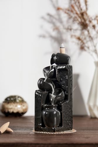 Unique Cascading Basins Ceramic Waterfall Incense Holder, Paired with a Pack of Backflow Incense Cones. (Black) - color: Black