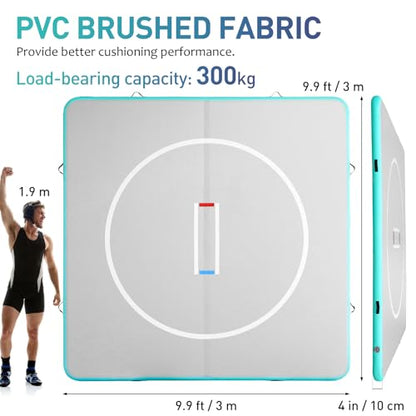 10x10ft Inflatable BJJ Mat, 4 Inch Thick Wrestling Mat for Home Training, 15 PSI Heavy Duty Foldable Grappling Mat with Electric Pump, Martial Arts Floor for MMA, Judo, Gymnastics for Men and Women