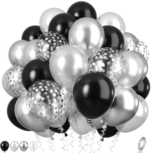 Black and Silver Balloons, Metallic Silver and Black Balloons Pearl Silver Confetti Balloons Party Balloons Chrome Latex Balloons for Kids Adults Birthday Wedding Baby Shower Graduation - color: Black and Silver