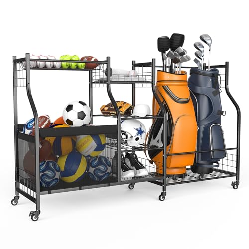 WALMANN Golf Bag Storage Rack with Wheels, Rolling Sports Equipment Organizer, Large Capacity Garage Storage Cart for Balls, Golf Bags - style: Rolling Stand for 2 Bags