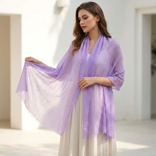Nydotd Women Summer Cotton Linen Scarf Crinkle Long Beach Shawl Wrap hijab with Fringe - color: Light Purple