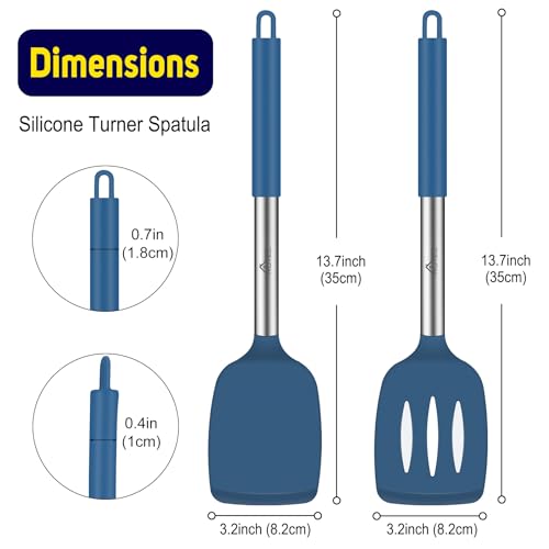 HOTEC Silicone Spatula Set of 2 Heat-Resistant 600°F & BPA-Free Kitchen SaptulaTurner with Stainless Steel Handles, Slotted & Solid Spatulas for Nonstick Cookware, 13.7 Inch, Classic Blue - color: Classic Blue