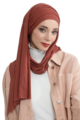 Aisha's Design Instant Hijab Scarves for Women, 95% Cotton Pretied Bonnet Turban Easy to Wear Cotton Headscarf - color: Cinnamon