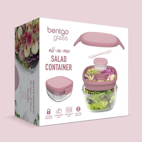 Bentgo Glass Salad Container - 7.6-Cup Salad Bowl with Airtight Lid, Leak-Proof Sauce Container, 4-Compartment Bento Tray & Reusable Fork - BPA-Free for Meal Prep, Office & More (Rose) - color: Rose