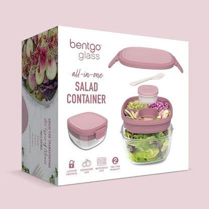 Bentgo Glass Salad Container - 7.6-Cup Salad Bowl with Airtight Lid, Leak-Proof Sauce Container, 4-Compartment Bento Tray & Reusable Fork - BPA-Free for Meal Prep, Office & More (Rose) - color: Rose
