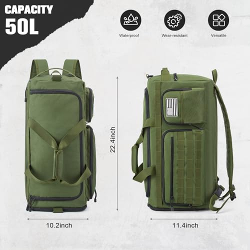 G4Free 3-in-1 Duffle Bag Travel Gym Sports, Large Tactical Duffel Backpack | 50L/65L with Shoes Compartment and Wet Pocket, Military Workout Bag for Men and Women, Green - color: Green