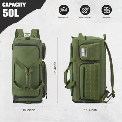 G4Free 3-in-1 Duffle Bag Travel Gym Sports, Large Tactical Duffel Backpack | 50L/65L with Shoes Compartment and Wet Pocket, Military Workout Bag for Men and Women, Green - color: Green