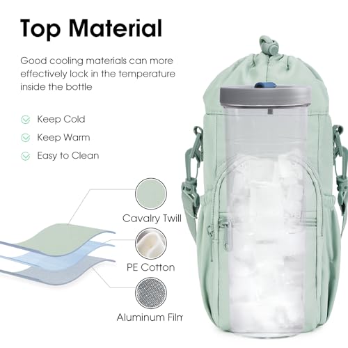 sportsnew 40oz Insulated Crossbody Water Bottle Bag Gym Hiking Phone Pocket | Water-resistant Lining, Padded Strap, Top Handle, Drawstring, Phone Pocket, Elastic Slots, Built-In Key Clip for Gym Walking - color: Sage Green