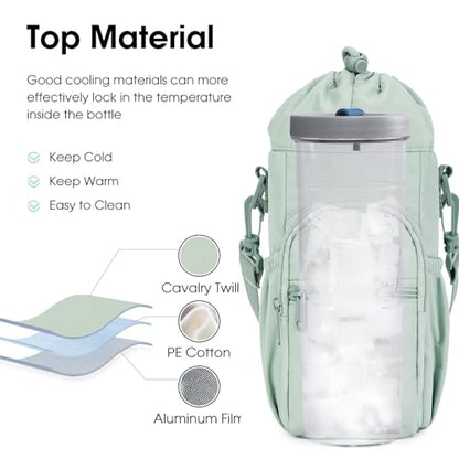 sportsnew 40oz Insulated Crossbody Water Bottle Bag Gym Hiking Phone Pocket | Water-resistant Lining, Padded Strap, Top Handle, Drawstring, Phone Pocket, Elastic Slots, Built-In Key Clip for Gym Walking - color: Sage Green