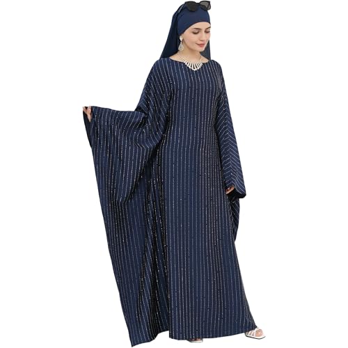 Muslim Abaya Dress 1Piece Bat Sleeve Kaftan Robe Women Islamic Maxi Dress Rhinestone Jilbab Eid Shiny Abaya(No scarf) - color: Navy I