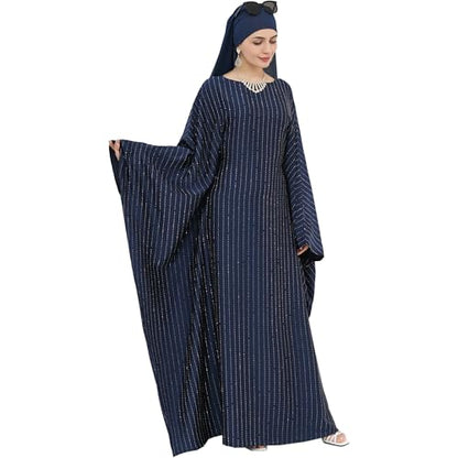 Muslim Abaya Dress 1Piece Bat Sleeve Kaftan Robe Women Islamic Maxi Dress Rhinestone Jilbab Eid Shiny Abaya(No scarf) - color: Navy I