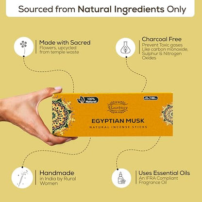 Raajsee Egyptian Musk Incense Sticks 100 Gm Pack-100% Pure Organic Natural Hand Rolled Free from Chemicals-for Church,Aroma Therapy,Relaxation,Meditation & Sensual Therapy - color: Egyptian Musk