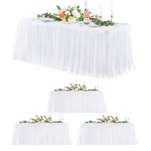 4 Pack White Tulle Tablecloths for 6 Foot Rectangular Tables, 72 x 30 Inch White Rectangle Table Cloth, Wrinkle Free Table Cover with Tutu Skirt for Wedding Birthday Party Banquet Buffet Decorations - color: White, size: 72" x 30" (6FT - 4 Pack)