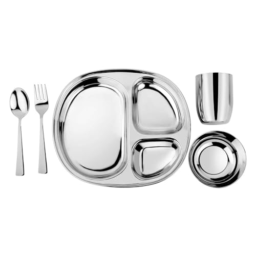 Ahimsa Stainless Steel Kids Dinnerware Set, Classic Stainless, 5-Piece Set - color: Classic Stainless / 5 Piece Set