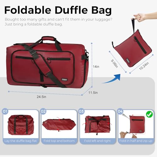 Fmeida 65L Duffle Bag with Shoes Compartment, Foldable Travel Duffel Bags for Men Women, Large Packable Travel Bag Water Repellent & Tear Resistant (Red) - color: Glossy Red